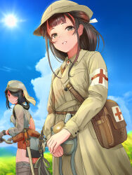 Rule 34 | 2girls, alternate costume, bag, black gloves, black hair, blue sky, braid, breasts, cross, day, em s, gloves, gradient hair, green hat, grey eyes, hair over one eye, hat, highres, kantai collection, kumano maru (kancolle), long braid, long hair, long sleeves, medium breasts, military uniform, multicolored hair, multiple girls, outdoors, red cross, red eyes, red hair, shoulder bag, sidelocks, single braid, sky, smile, sun, thighhighs, yamashio maru (kancolle)