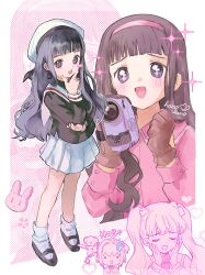 3girls black_hair cardcaptor_sakura chibi chibi_inset daidouji_tomoyo hano_luno highres jacket kero_(cardcaptor_sakura) kinomoto_sakura li_meiling long_hair multiple_girls multiple_views pink_jacket recording school_uniform sound_effects sparkle tomoeda_elementary_school_uniform twintails very_long_hair