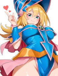 Rule 34 | 1girl, absurdres, bamboo tac, blonde hair, blue hat, blue leotard, blush stickers, breasts, closed mouth, dark magician girl, duel monster, green eyes, groin, hand up, hat, heart, highres, index finger raised, large breasts, leotard, long hair, pelvic curtain, pentagram, simple background, smile, solo, white background, wizard hat, yu-gi-oh!