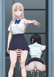 2girls absurdres after_vaginal aftersex anus ass bar_censor black_hair blue_bow blue_bowtie blue_skirt bow bowtie brown_eyes brown_hair censored closed_eyes collared_shirt cum cum_in_pussy cum_on_ass cum_on_body cumdrip fffukuzawa fingernails futa_with_female futanari highres long_fingernails long_hair looking_at_viewer mole mole_under_eye multiple_girls on_toilet original penis shirt shirt_tucked_in short_sleeves skirt testicles toilet toilet_stall v white_shirt