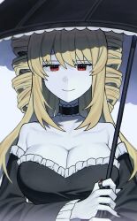 1girl asdf1211950 bare_shoulders black_choker black_souls blonde_hair breasts choker cleavage closed_mouth detached_sleeves dress drill_hair elisabeth_(black_souls) frilled_sleeves frills hand_up highres holding holding_umbrella jewelry large_breasts long_hair long_sleeves off-shoulder_dress off_shoulder parasol red_eyes ring sidelocks smile solo twin_drills two_side_up umbrella very_long_hair