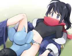 1boy ahoge bestiality black_hair black_shirt blush commentary_request fellatio fellatio_over_clothes gen_4_pokemon grass grey_eyes highres jacket leftporygon logo long_hair lying male_focus navel nintendo off_shoulder on_back oral outdoors pants_around_one_leg pokemon pokemon_(creature) pokemon_legends:_arceus pokephilia ponytail red_scarf rei_(pokemon) scarf shinx shirt shota skin_tight