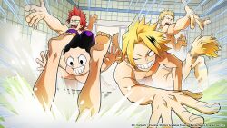 Rule 34 | 4boys, armpits, bathing, bathroom, black eyes, blonde hair, boku no hero academia, completely nude, horikoshi kouhei, kaminari denki, kirishima eijirou, male focus, mineta minoru, multiple boys, muscular, muscular male, nude, official art, ojiro mashirao, one eye closed, pectorals, purple hair, red eyes, red hair, sharp teeth, short hair, source request, spiked hair, submerged, tail, teeth, tongue, tongue out, yellow eyes