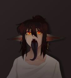 brown_hair collarbone commentary earrings english_commentary fangs hair_between_eyes highres jewelry large_ears long_tongue looking_at_viewer open_mouth orange_eyes original pointy_ears shoog single_earring teeth tongue tongue_out upper_body