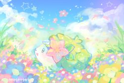 Rule 34 | animal focus, artist name, cloud, colorful, commentary, english commentary, flower, gen 4 pokemon, gracidea, green eyes, hedgehog, highres, hue shifting, leaf, legendary pokemon, mythical pokemon, nature, neogeopet, nintendo, no humans, open mouth, outdoors, pink flower, pokemon, pokemon (creature), pokemon focus, shaymin, shaymin (land), sky, solo, star (symbol), water drop, yume kawaii