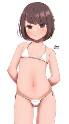 1girl arms_behind_back belly bikini brown_eyes brown_hair closed_mouth flat_chest highres loli micro_bikini navel original pachiki8p side-tie_bikini_bottom smile solo stomach swimsuit white_bikini