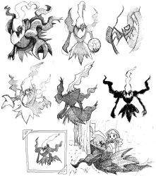 1boy 1girl alicia_(pokemon) artist_request claws darkrai energy_ball full_body gen_4_pokemon highres legendary_pokemon looking_at_another looking_at_viewer monochrome multiple_views mythical_pokemon nintendo pokemon pokemon:_the_rise_of_darkrai pokemon_(anime) pokemon_(creature) pokemon_dppt_(anime) simple_background tree