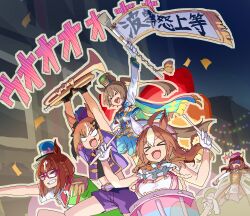 &gt;_&lt; 5girls absurdres ahoge animal_ears aqua_shorts band_uniform belt beret blue_hat brown_hair buena_vista_(umamusume) check_instrument copano_rickey_(glorious_land_off)_(umamusume) copano_rickey_(umamusume) cropped_jacket drumsticks ear_covers epaulettes espoir_city_(umamusume) glasses gloves hair_ornament hairclip hat highres holding holding_drumsticks holding_instrument horse_ears horse_girl horse_tail instrument jacket kogomiza long_hair marching_band marching_band_baton medium_hair midriff mini_hat multicolored_hair multiple_girls official_alternate_costume official_alternate_hairstyle peaked_cap pink_hat ponytail purple-framed_eyewear purple_belt purple_jacket purple_shorts shako_cap short_sleeves shorts single_ear_cover sleeveless smart_falcon_(luminous_twirler)_(umamusume) smart_falcon_(umamusume) streaked_hair tail transcend_(umamusume) tuba two-tone_hair umamusume white_gloves white_hair white_jacket