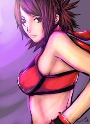 1girl 2006 ayame ayame_(tenchuu) breasts brown_eyes brown_hair buuzen cosplay crop_top dated female_focus folded_ponytail gloves halterneck hinomoto_reiko hinomoto_reiko_(cosplay) light_smile lips looking_back medium_breasts red_gloves red_scarf rumble_roses scarf signature sleeveless solo tenchu tenchuu upper_body
