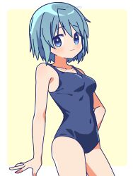 Rule 34 | 1girl, absurdres, bare arms, blue eyes, blue hair, blue one-piece swimsuit, blush, breasts, closed mouth, covered navel, cowboy shot, hand on own hip, highres, looking at viewer, mahou shoujo madoka magica, medium breasts, miki sayaka, one-piece swimsuit, ruru (rurumagi), school swimsuit, short hair, simple background, sketch, smile, solo, standing, straight hair, swimsuit, white background