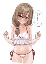 1girl alternate_costume bare_arms bare_shoulders bikini blush breasts brown_hair cleavage closed_mouth collarbone commentary cowboy_shot curvy double-parted_bangs eyelashes eyes_visible_through_hair frilled_bikini frills green_eyes hair_between_eyes hair_ornament hair_scrunchie hands_up happy highres long_hair looking_at_viewer low_ponytail medium_breasts mikuni_sairi navel pink_scrunchie ponytail raised_eyebrows scrunchie side-tie_bikini_bottom simple_background smile solo speech_bubble swimsuit symbol-only_commentary tenshi_souzou_re-boot! tft_(tft7822) thick_eyebrows thigh_gap translated tsurime w_arms white_background white_bikini