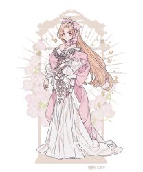 Rule 34 | 1girl, bare shoulders, blonde hair, bow, breasts, commentary, commission, dress, evening gown, floral background, flower, full body, hair bow, high ponytail, lemon89h, medium breasts, original, parted bangs, pink bow, pink eyes, pink flower, pink shawl, ponytail, rococo movement, shawl, solo, standing, two-tone dress, wavy hair