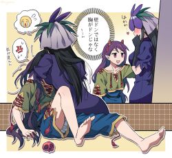 Rule 34 | 2girls, anger vein, barefoot, black gloves, black hair, blush, breasts, commentary request, cone horns, dress, emoji, flower, flower on head, gloves, green shirt, heart, height difference, horn ornament, horn ribbon, horns, hug, kabedon, lobelia (flower), long hair, multiple girls, nippaku zanmu, open mouth, purple dress, purple flower, re ghotion, ribbon, shirt, short sleeves, skull, smile, speech bubble, spoken anger vein, spoken emoji, toes, touhou, translation request, very long hair, yellow horns, yomotsu hisami, yuri