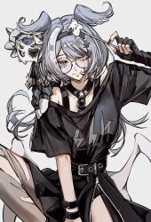1girl asymmetrical_legwear black_gloves black_hairband black_shirt black_skirt blue_eyes blue_hair blush breasts elira_pendora elira_pendora_(goth) fiiiishhhhhhhhh fingerless_gloves gloves hairband head_wings heterochromia highres large_breasts light_smile low_wings medium_hair mismatched_legwear multicolored_hair nijisanji nijisanji_en off-shoulder_shirt off_shoulder official_alternate_costume official_alternate_hairstyle pantyhose pikl_(elira_pendora) shirt side_slit skirt torn_clothes torn_pantyhose virtual_youtuber white_eyes wings