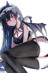 1girl ass black_bra black_hair black_panties black_thighhighs black_wings blue_hair blue_horns bra breasts chest_harness demon_girl demon_horns demon_wings dow_suitable evil_grin evil_smile frilled_bra frilled_thighhighs frills gloves gradient_hair grin hairband harness highres horns ichinose_uruha ichinose_uruha_(birthday_2023) lingerie lolita_hairband long_hair looking_at_viewer lying medium_breasts multicolored_hair o-ring o-ring_harness on_side panties pink_eyes simple_background smile smirk solo strap_gap striped_bra striped_clothes thighhighs underwear vertical-striped_bra vertical-striped_clothes very_long_hair virtual_youtuber vspo! white_background white_gloves wings