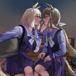 Rule 34 | 2girls, absurdres, admire vega (umamusume), animal ears, bag, blonde hair, bow, bowtie, brown hair, closed mouth, ear covers, eye contact, face-to-face, feet out of frame, ginkgo doodles, hand on own face, hashtag-only commentary, highres, horse ears, horse girl, horse tail, imminent kiss, long hair, long sleeves, looking at another, multiple girls, narita top road (umamusume), on bench, outdoors, pleated skirt, ponytail, profile, purple serafuku, purple shirt, purple skirt, sailor collar, sailor shirt, school uniform, serafuku, shirt, short hair, shoulder bag, single ear cover, sitting, skirt, smile, tail, tracen school uniform, umamusume, white bow, white bowtie, winter uniform, yuri