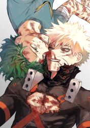 2boys bakugou_katsuki blonde_hair blood blood_on_face boku_no_hero_academia green_eyes green_hair highres itiruru713 looking_at_another male_focus midoriya_izuku multiple_boys pectorals red_eyes scar scar_on_arm scar_on_hand short_hair simple_background smile spiked_hair superhero_costume teeth torn_clothes upper_teeth_only white_background yaoi