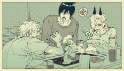 +_+ 1girl 2boys angry black_hair bowl can chainsaw_man chopsticks cross cross-shaped_pupils eating excited food glass hair_between_eyes hair_over_one_eye holding horns kanitumuri long_hair long_sleeves looking_at_another looking_at_object multiple_boys open_mouth pitcher_(container) plate rice sharp_teeth shirt short_hair short_sleeves simple_background sitting soup soup_ladle speech_bubble steam surprised sweat sweatdrop symbol-shaped_pupils table teeth television teppanyaki thought_bubble topknot