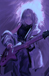 Rule 34 | 1girl, absurdres, bang dream!, bang dream! it&#039;s mygo!!!!!, black shirt, closed eyes, commentary, electric guitar, english commentary, guitar, highres, instrument, jacket, kaname raana, lemtun, long sleeves, music, playing guitar, playing instrument, purple theme, shirt, short hair, solo, white hair, white jacket
