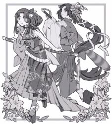 1girl absurdres bow bowtie curtained_hair drawing_sword fate/grand_order fate_(series) floral_border floral_print full_body hair_bow hair_ornament hand_on_hilt highres holding holding_sword holding_weapon japanese_clothes katana kimono leg_up light_smile long_hair looking_at_viewer m_12170 multiple_views platform_shoes ponytail red_ribbon ribbon sheath sidelocks sword ushiwakamaru_(fate) ushiwakamaru_(fgo_fes._2025)_(fate) weapon