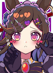 1girl 510n absurdres animal_ears bobby_pin brown_hair claw_pose commentary_request fang hair_ornament hairband hairpin heart heart-shaped_pupils highres horse_ears horse_girl long_hair looking_at_viewer official_alternate_costume purple_eyes rice_shower_(make_up_vampire!)_(umamusume) rice_shower_(umamusume) skin_fang solo swept_bangs symbol-shaped_pupils umamusume upper_body