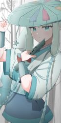 1girl aqua_eyes aqua_hair blush bracelet breasts flute grey_kimono hand_on_headwear hatsune_miku highres holding holding_flute holding_instrument instrument japanese_clothes jewelry kimono long_hair long_sleeves looking_at_viewer medium_breasts nintendo official_alternate_costume official_alternate_hairstyle open_mouth poke_flute pokemon project_voltage saato sandogasa solo steel_miku_(project_voltage) very_long_hair vocaloid wide_sleeves