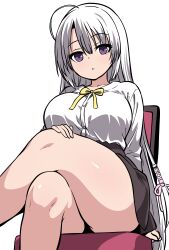 1girl absurdres ahoge alternate_costume arm_at_side ayachi_nene bow bowtie breasts brown_skirt chair commentary crossed_legs curvy ding36 dress_shirt eyelashes eyes_visible_through_hair feet_out_of_frame hair_between_eyes hair_ribbon hand_on_own_knee high-waist_skirt highres large_breasts long_hair long_sleeves on_chair parted_lips pink_ribbon purple_eyes ribbon sanoba_witch shirt simple_background sitting skirt solo straight_hair thick_thighs thighs very_long_hair white_background white_hair white_shirt yellow_bow yellow_bowtie