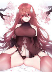 1girl absurdres bare_shoulders black_panties breasts bunnixia clothes_lift commission commissioner_upload cordelia_(fire_emblem) dress fire_emblem fire_emblem_awakening flower_petals frilled_panties frills gloves hair_ornament highres long_hair looking_at_viewer medium_breasts nintendo panties pink_lips pink_thighhighs red_dress red_eyes red_gloves red_hair sitting skirt skirt_lift solo spread_legs thighhighs underwear wing_hair_ornament