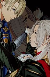 Rule 34 | 1boy, 1girl, aiguillette, amikoiiko, ascot, black background, blonde hair, blue cape, blue collar, blue eyes, blue gloves, breasts, cape, cleavage, cleavage cutout, closed mouth, clothing cutout, collar, commentary, dancing, dimitri alexandre blaiddyd, edelgard von hresvelg, english commentary, eye contact, fire emblem, fire emblem: three houses, fringe trim, garreg mach monastery uniform, gauntlets, gloves, grey collar, hair ribbon, highres, light smile, long hair, long sleeves, looking at another, looking down, looking up, nintendo, pink lips, portrait, puff and slash sleeves, puffy sleeves, purple ribbon, red cape, red collar, ribbon, short hair, shoulder boards, upper body, waltz (dance), white ascot, white gloves, white hair, yellow collar, yellow sleeve cuffs, zoom layer
