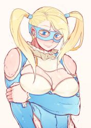 1girl blonde_hair blue_eyes breasts female_focus hide_(lindalindalinda) huge_breasts leotard long_hair mask rainbow_mika simple_background solo street_fighter street_fighter_v twintails white_background wrestler wrestling_outfit