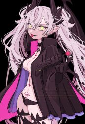 1girl black_hands black_jacket black_panties breasts candy colored_extremities commentary_request fate/grand_order fate_(series) food highres holding holding_candy holding_food holding_lollipop horns jacket lilith_(fate) lilith_(second_ascension)_(fate) lollipop long_hair looking_at_viewer mxixk panties pointy_ears pubic_tattoo smile solo tattoo tongue tongue_out topless_female twintails underwear white_hair yellow_eyes