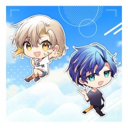 Rule 34 | 1boy, 1girl, :d, agekichi (heart shape), alternate costume, aqua eyes, astel leda, black footwear, black pants, black shirt, blonde hair, blue hair, blue sky, border, chibi, cloud, colored inner hair, curtained hair, grey shorts, hair between eyes, highres, holostars, index finger raised, la priere, light brown hair, looking at viewer, midriff peek, multicolored hair, natsume itsuki (voice actor), open mouth, orange legwear, outline, outstretched arm, pants, pointing, pointing at self, print shirt, shirt, short hair, shorts, sky, smile, streaked hair, t-shirt, viewfinder, virtual youtuber, white border, white outline, white shirt, yellow eyes