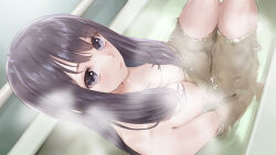 1girl absurdres bathing bathroom bathtub black_hair blue_reflection_(series) blue_reflection_sun blue_reflection_tie breasts cleavage grey_eyes hair_between_eyes highres kasuga_shiho kishida_mel looking_at_viewer medium_breasts nude partially_submerged sitting solo steam swept_bangs