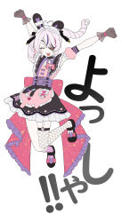 Rule 34 | 1girl, ahoge, apron, arms up, asymmetrical legwear, bandaged ear, black gloves, blunt bangs, bow, choker, closed eyes, dress, drill hair, eyepatch, fishnet thighhighs, fishnets, frilled dress, frills, gloves, heart, heart ahoge, highres, jumping, maid, maid headdress, maria marionette, maria marionette (2nd costume), mismatched legwear, multicolored hair, nijisanji, nijisanji en, npppiyo, pink apron, pink bow, pink eyes, pink socks, purple streaks, sheer gloves, single fishnet legwear, smile, socks, streaked hair, striped clothes, striped socks, thighhighs, twin drills, vertical-striped clothes, vertical-striped socks