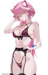 1girl alternate_costume animal_ears armpit_crease bare_arms bare_shoulders bikini bow bow_bikini breasts cleavage commentary corrupted_twitter_file cowboy_shot criss-cross_straps extra_ears fingernails garter_belt garter_straps groin hair_bun hair_flaps hair_intakes highleg highleg_bikini highres hololive hololive_english large_breasts leopard_print_bikini looking_at_viewer multi-strapped_bikini_top navel nyanyaqwi panther_ears panther_girl parted_lips pink_bikini pink_hair pink_nails raora_panthera sharp_fingernails simple_background single_hair_bun slit_pupils solo sonic_(series) sonic_the_hedgehog stomach swimsuit symbol-only_commentary thighhighs tucking_hair twitter_username virtual_youtuber white_background white_hair yellow_eyes