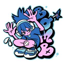 Rule 34 | 1girl, bandaid, bandaid on knee, bandaid on leg, blue hair, blue outline, blue shirt, blue shorts, blue tongue, bomb, bomb rush cyberfunk, colored skin, colored tongue, edpan, english text, explosive, game cg, graffiti, hands up, headphones, lit fuse, looking down, looking to the side, messy hair, non-web source, official art, outline, paint splatter, pink skin, shirt, shoes, shorts, smug, sneakers, solo, squatting, tongue, tongue out, transparent background, two-tone background