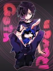 1girl androgynous animal animal_on_lap animalization animification arm_support black_background black_eyes black_hair black_shirt black_shoes closed_mouth dc_comics dual_persona english_text hair_over_one_eye kitaya knees_up on_lap one_eye_closed person_and_animalization petting rabbit raven_(dc) shirt shoes short_hair sitting teen_titans