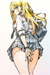 1girl absurdres blonde_hair blush breasts covering_ass covering_privates from_behind highres kitagawa_marin large_breasts legs long_hair looking_at_viewer looking_back pink_eyes school_uniform seductive_gaze seductive_smile sideboob skirt smile solo sono_bisque_doll_wa_koi_wo_suru teasing thighs