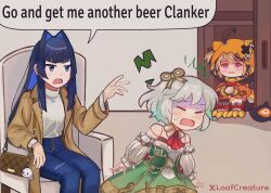 Rule 34 | 3girls, absurdres, ahoge, artist name, ascot, bag, black hair, blonde hair, blue eyes, blue hair, blue pants, boros (ouro kronii), brown coat, brown hair, cecilia immergreen, cecilia immergreen (1st costume), closed eyes, coat, colored inner hair, corset, crying, crying with eyes open, denim, detached collar, english text, gigi murin, gigi murin (1st costume), gradient hair, green corset, green hair, green skirt, grey hair, hair intakes, handbag, high-waist pants, highres, hololive, hololive english, hood, hood up, hoodie, indoors, jeans, loafcreature, long hair, long sleeves, multicolored hair, multiple girls, official alternate costume, orange hoodie, ouro kronii, ouro kronii (casual), pants, pink eyes, red ascot, shirt, short hair, sitting, skirt, speech bubble, sweatdrop, sweater, sweater tucked in, tail, tears, trench coat, turtleneck, turtleneck sweater, twitter username, twitter x logo, two-tone hair, virtual youtuber, white shirt, white sweater, winding key