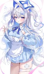 1girl absurdres adjusting_clothes amane_kanata animal_ear_fluff animal_ears apron bandaged_leg bandages bandaid bandaid_on_leg blue_dress blue_hair blue_halo blue_ribbon blush cat_ears cat_girl cat_tail colored_inner_hair dress halo highres hololive maid_apron multicolored_hair nyaruin parted_lips paw_hair_ornament pink_ribbon purple_eyes ribbon short_dress sleeves_past_wrists solo tail two-tone_hair two_side_up virtual_youtuber white_apron white_hair