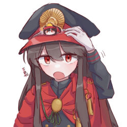 1girl beautiful_plate black_hair black_hat black_jacket cape chibi chibi_on_head commentary_request fate/grand_order fate_(series) gloves hat jacket long_hair looking_at_viewer military_hat military_uniform no_nose oda_nobunaga_(fate) oda_nobunaga_(koha-ace) oda_uri on_head open_mouth red_cape red_eyes shirt sidelocks simple_background solo white_background white_gloves