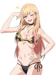 1girl ;d absurdres barbell_piercing bikini black_bikini black_choker blonde_hair bracelet breasts choker ear_piercing earrings fake_nails floral_print gold_necklace gyaru hand_on_own_hip highres industrial_piercing jewelry kitagawa_marin knew_nothing medium_breasts navel necklace one_eye_closed open_mouth piercing red_eyes ring simple_background smile solo sono_bisque_doll_wa_koi_wo_suru stomach swimsuit w w_over_eye white_background