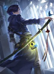 1boy absurdres belt black_coat black_hair blue_butterfly bug butterfly cdgm000 coat commentary english_commentary glowing highres holding holding_sword holding_weapon indoors insect katana lantern lies_of_p looking_back male_focus mechanical_arms pinocchio_(lies_of_p) prosthesis prosthetic_arm short_hair single_mechanical_arm standing sunlight sword weapon