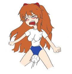 &gt;_&lt; 1girl absurdres asuka2004 ball blue_buruma blush buruma cameltoe clenched_hands cowboy_shot facing_viewer female_focus highres interface_headset_(evangelion) neon_genesis_evangelion open_mouth pain playing_sports red_hair self-upload shirt short_sleeves solo souryuu_asuka_langley volleyball volleyball_(object) white_shirt