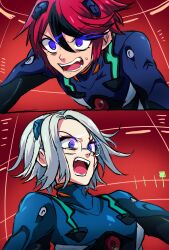 angry aotsuki_eito black_streaks blue_eyes crossover glasses grey_hair highres kawati looking_ahead male_focus mecha_pilot_suit multicolored_hair multiple_boys neon_genesis_evangelion plugsuit_(evangelion) purple_eyes red_hair short_hair streaked_hair sumino_takumi sweatdrop teeth the_hundred_line_-last_defense_academy-