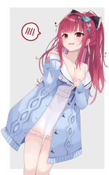 1girl absurdres black_bow blue_flower blue_jacket blush border bow breasts cleavage commentary_request dress drooling flower grey_background hair_bow hair_flower hair_ornament highres jacket large_breasts long_sleeves mouth_drool off_shoulder open_clothes open_jacket open_mouth original ponytail puffy_long_sleeves puffy_sleeves red_eyes red_hair sailor_collar sailor_dress sleeves_past_wrists solo spoken_blush sweat te_toga tears wavy_mouth white_border white_dress white_sailor_collar