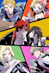 3boys 3girls armband armor bare_shoulders black_bra black_gloves black_hair black_jacket black_shirt blonde_hair blue_background blue_cape blue_eyes blue_jacket bra breastplate cape collared_shirt dragon_quest dragon_quest_xi earrings edgar_roni_figaro elbow_gloves facial_hair final_fantasy final_fantasy_iv final_fantasy_iv:_the_after_years final_fantasy_vi final_fantasy_vii final_fantasy_vii_remake fingerless_gloves floating_earrings gloves goggles goggles_on_head green_background green_eyes grey_cape hair_over_one_eye hair_tie headscarf highres holding holding_paintbrush homeros_(dq11) jacket jewelry long_hair looking_at_another looking_at_viewer low_ponytail motsutei multi-tied_hair multiple_boys multiple_girls orange_background paintbrush paintbrush_in_mouth parted_bangs parted_lips pink_background ponytail popped_collar red_cape red_hair relm_arrowny reno_(ff7) rosa_farrell shirt short_hair shoulder_armor sleeveless sleeveless_shirt smile sports_bra suit_jacket suspenders tifa_lockhart two-sided_cape two-sided_fabric underwear upper_body wavy_hair white_shirt yellow_background