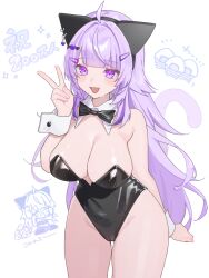 1girl absurdres animal_ears bare_shoulders black_leotard breasts cat_ears cat_tail cleavage commentary_request cowboy_shot dareka3ab fake_animal_ears highres hololive large_breasts leotard long_hair nekomata_okayu onigirya_(nekomata_okayu) purple_eyes purple_hair purple_tail simple_background solo_focus strapless strapless_leotard tail v virtual_youtuber white_background