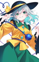 1girl absurdres black_hat blush bow buttons diamond_button double_v eyeball frilled_sleeves frills green_eyes green_hair green_skirt hat hat_ribbon heart heart_of_string highres komeiji_koishi long_sleeves looking_at_viewer nameko_houshi ribbon shirt short_hair skirt smile solo third_eye touhou v white_background wide_sleeves yellow_bow yellow_ribbon yellow_shirt