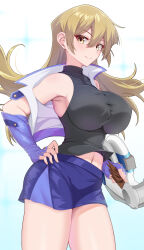 1girl alternate_breast_size armpits black_shirt blonde_hair blue_gloves blue_skirt breasts card commentary_request covered_erect_nipples cowboy_shot duel_disk elbow_gloves fingerless_gloves gloves holding holding_card iseshi jacket large_breasts midriff_peek miniskirt navel paid_reward_available shirt simple_background skirt sleeveless sleeveless_shirt smile solo tenjouin_asuka thighs white_background white_jacket yellow_eyes yu-gi-oh! yu-gi-oh!_gx
